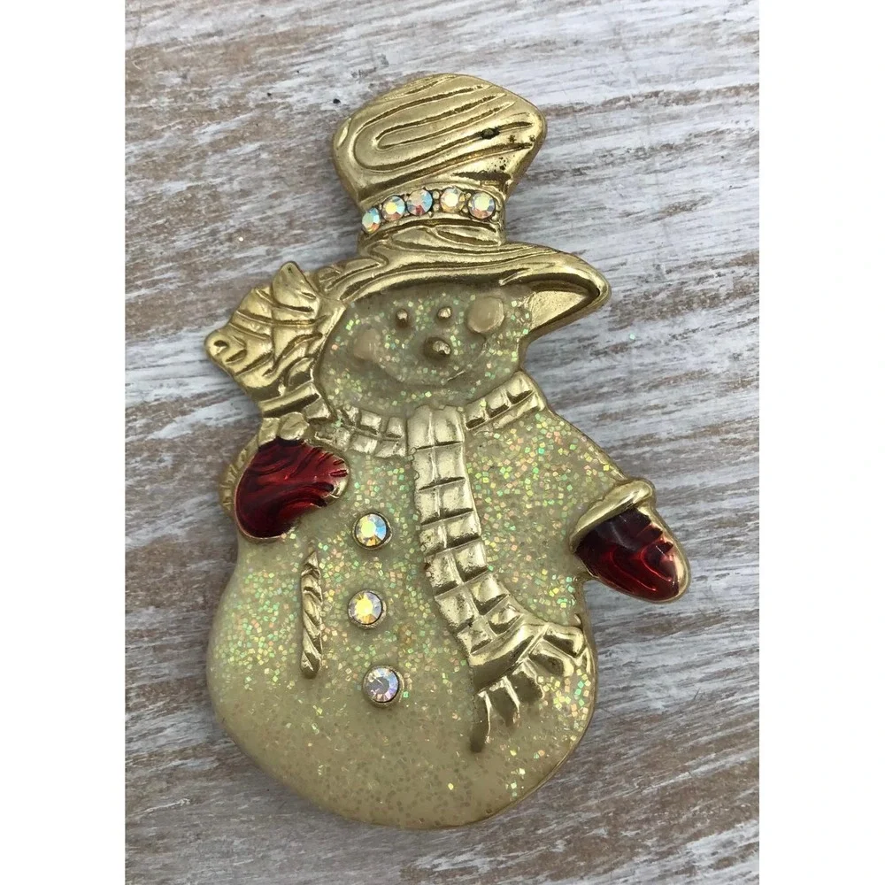 VTG Eisenberg Ice Christmas Brooch Rhinestone Silver Tree & Gold Glitter Snowman